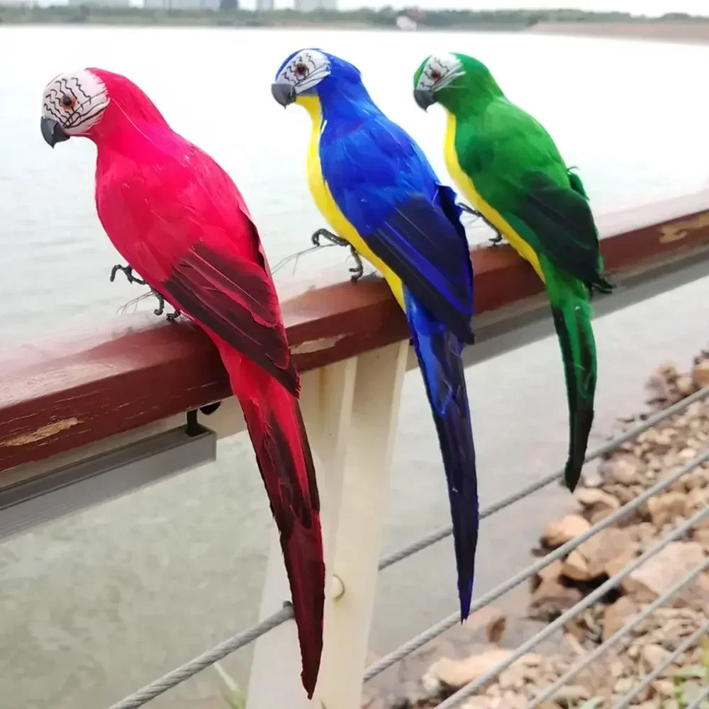 25cm Handmade Simulation Parrot Feather Bird Figurine Creative Ornament Garden Lawn Decoration Outdoor Art Animal Model
