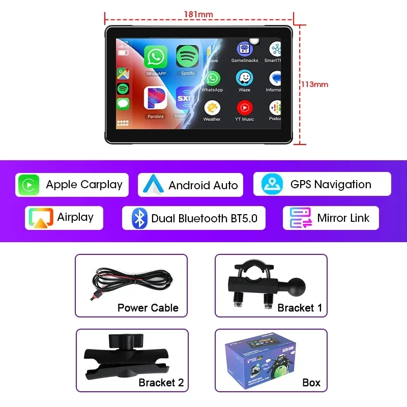 Srnubi 7 inch motorfiets DVR draagbare draadloze CarPlay Android Auto scherm GPS-navigatie AI Voice Dual Bluetooth IP67 waterdicht