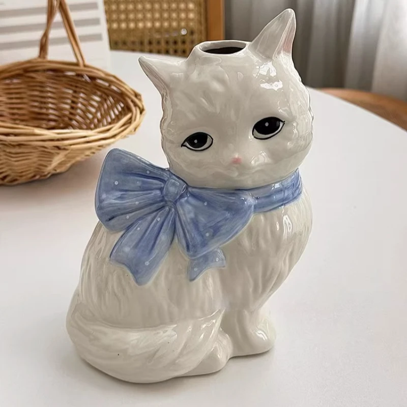 

Jarrones Cute Ins Retro Bow Cat Heavy Industry Hand-painted Ceramic Ornament Vase Home Decor Flower Pot Decoration Maison