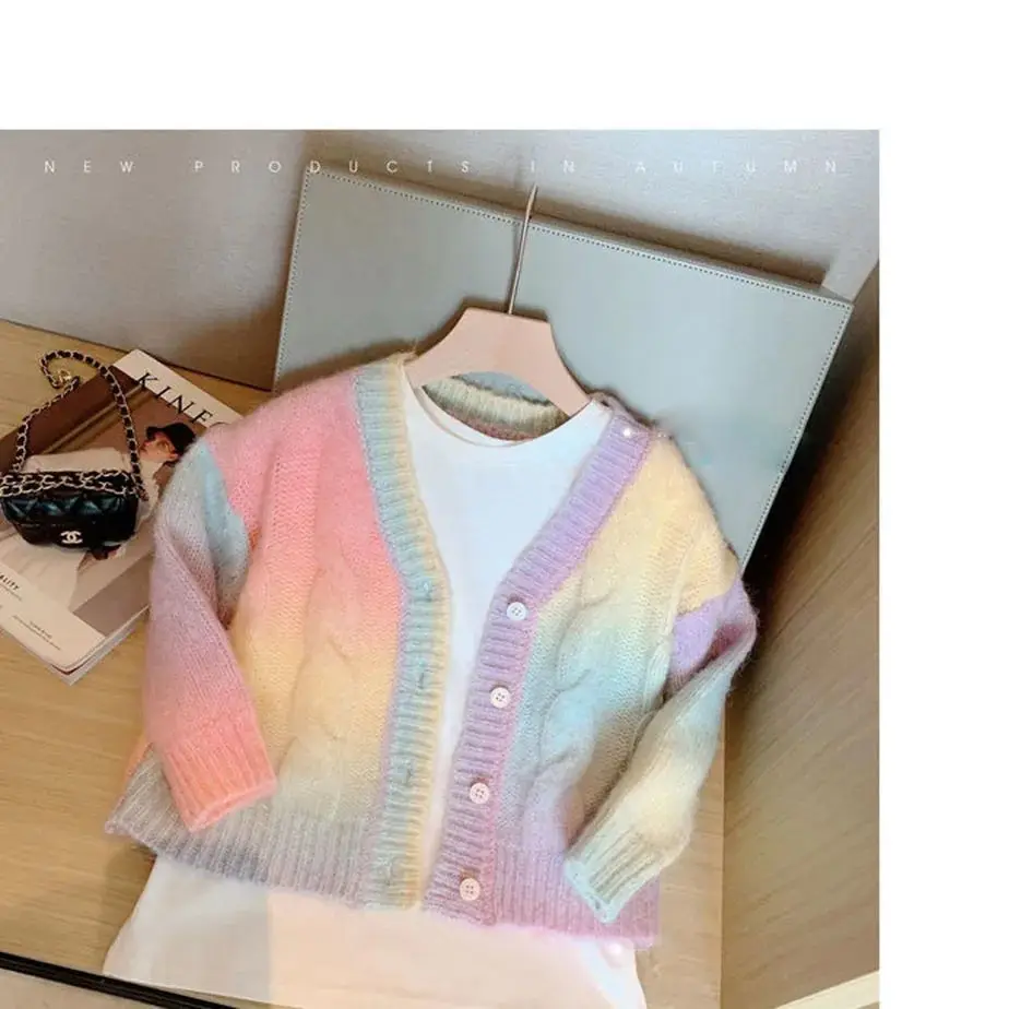 Rainbow Gradual Sweater Girl\'s Spring Autumn Cute Plush Long Sleeve V-Neck Single Breasted Warm Angora Rabbit Hair Cardigan