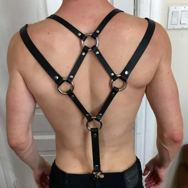 

85WE Mens PU Leather Half Harness Suspenders Belt Punk Adjustable Body Chest Strap