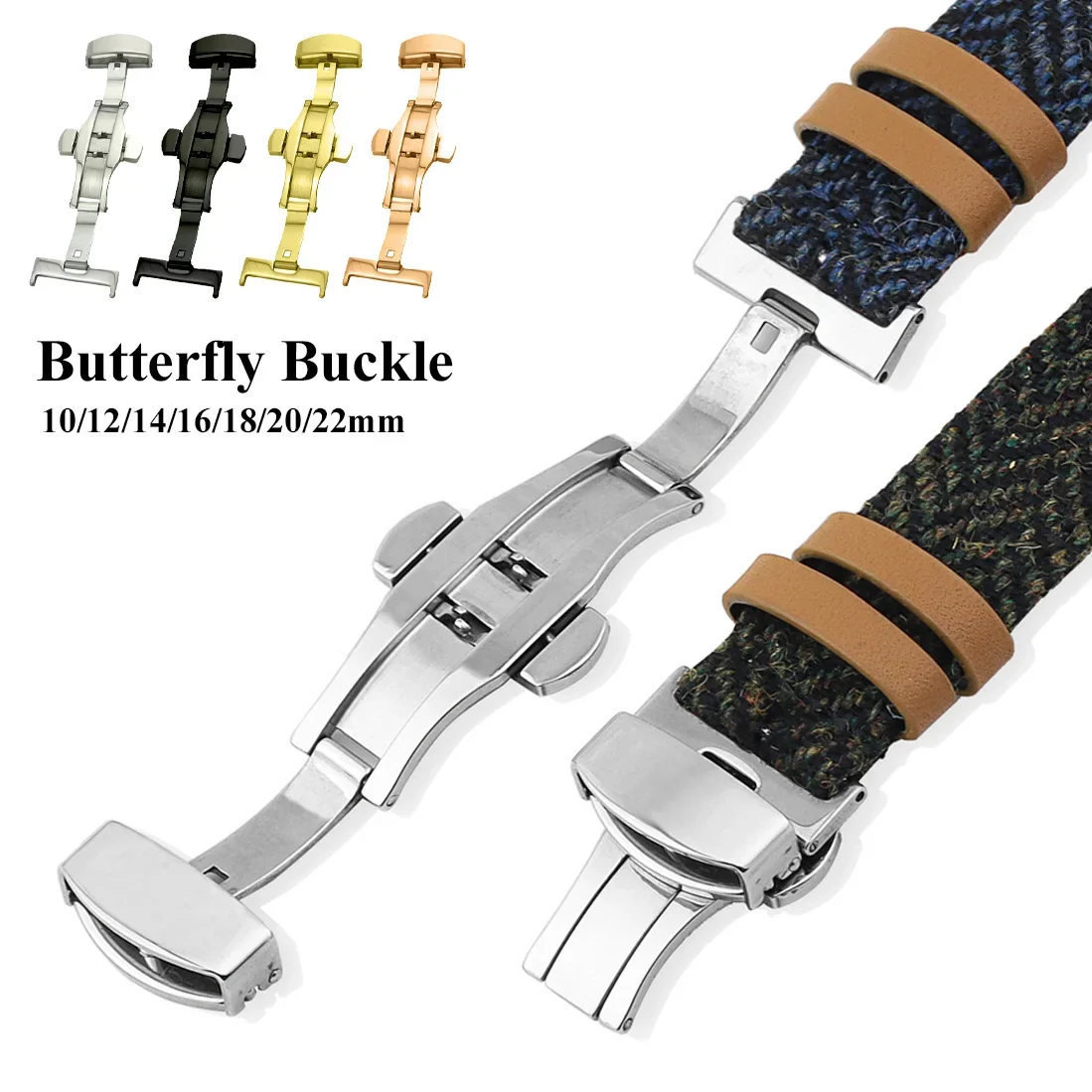 Edelstahl-Uhrenschnalle mit Schmetterlingsfalte, polnisches, mattes Band, Verschluss 10, 12, 14, 16, 18, 20, 22 mm, Silber, Schwarz, Roségold, Uhrenknöpfe