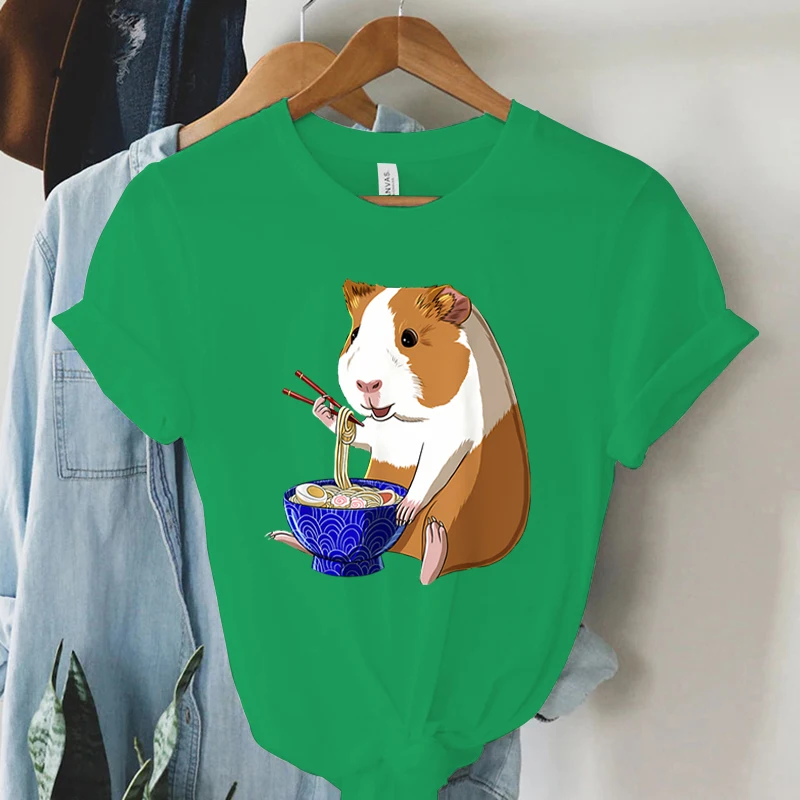 Harajuku Guinea Pig Noodles Ramen T Shirt Women Summer Crewneck Tshirt Cartoon Fashion Guinea Pig Tee Women Short Sleeve T-shirt