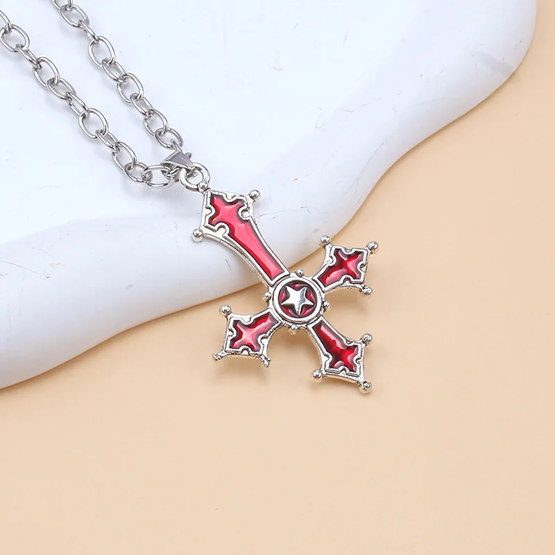 Fashion Punk Red Cross Necklace for Women Gothic Dark Alloy Pendant Choker Chains Trendy Personality Accessories Gifts Wholesale