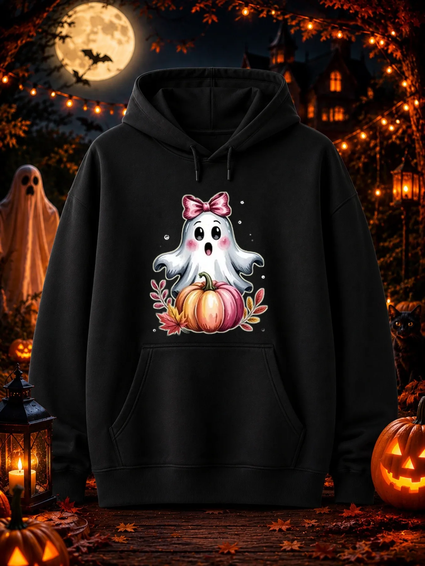 Men's Graphic Hoodie with Cute Cartoon Ghost Wearing a Bow, Standing Behind a Fruit Pumpkin, Surrounded by Autumn Leaves, Halloween Special Edition Retro Street Style Sweatshirt, Trendy Casual Autumn Outfit