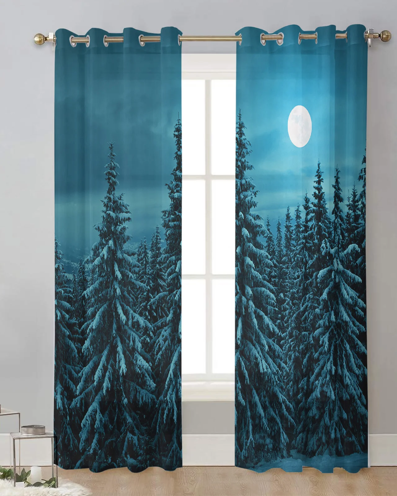 Snow Scene Night Forest Moon Sheer Curtains for Living Room Window Transparent Voile Tulle Curtain Home Decor Drapes