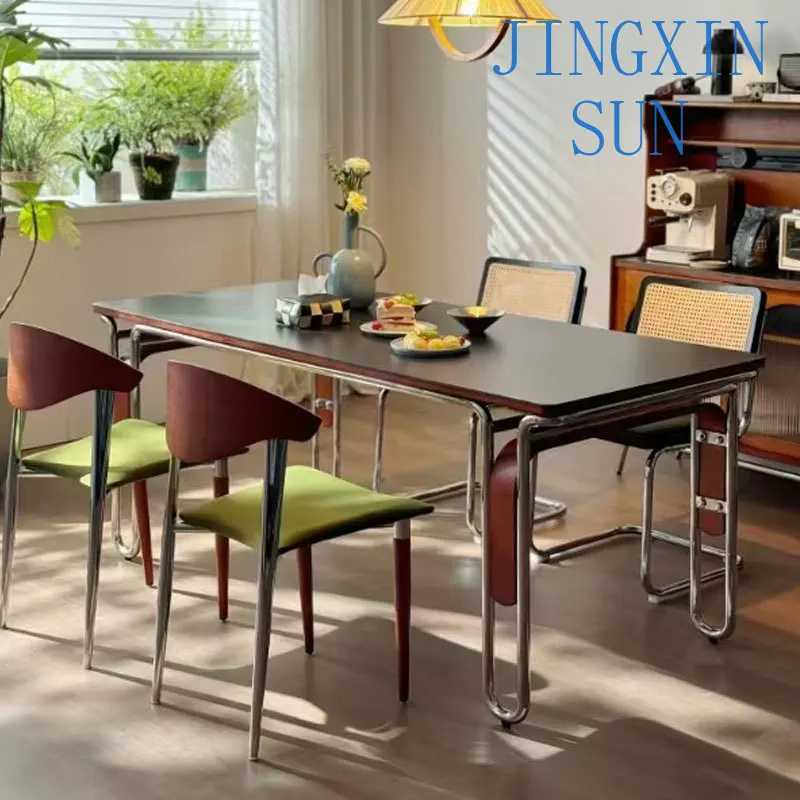 Floating Slate and Solid Wood Dining Table for Modern Home | Rectangular Table with Stainless Steel Frame for Bauhaus Style