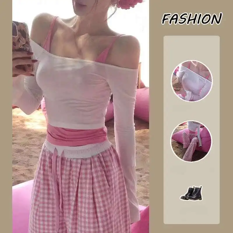 

Japanese Kawaii Pink 3 Piece Sets Women Casuak Y2k Crop Tops Blouse + Loose Plaid Pants Korean Fashion Suits Female Sport Outfit