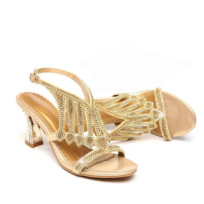 BEYARNE  Summer Style Gold Coloured High Heeled Sandals Rhinestone Wedding Shoes Diamond Buckle Women Qualities