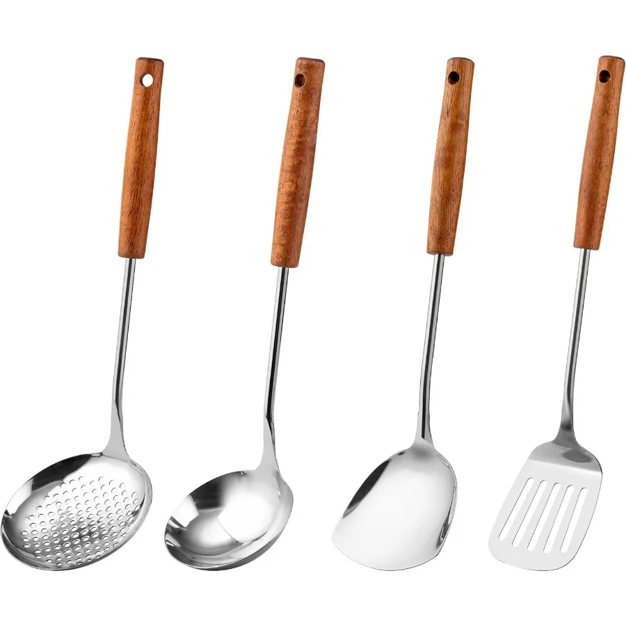 

Stainless Steel Wok Tools Set for StirFrying and Cooking Includes Wok Spatula Turner Ladle Skimmer Tool with Mirror Polished Fi