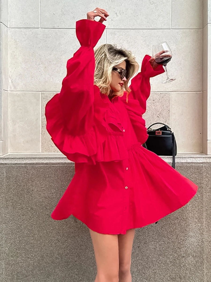 Bornladies 100% Cotton Women Red Shirt Skirt Leisure Fashionable Loose Fitting Long Sleeved Dress Lotus Leaf Sleeve Long Shirts