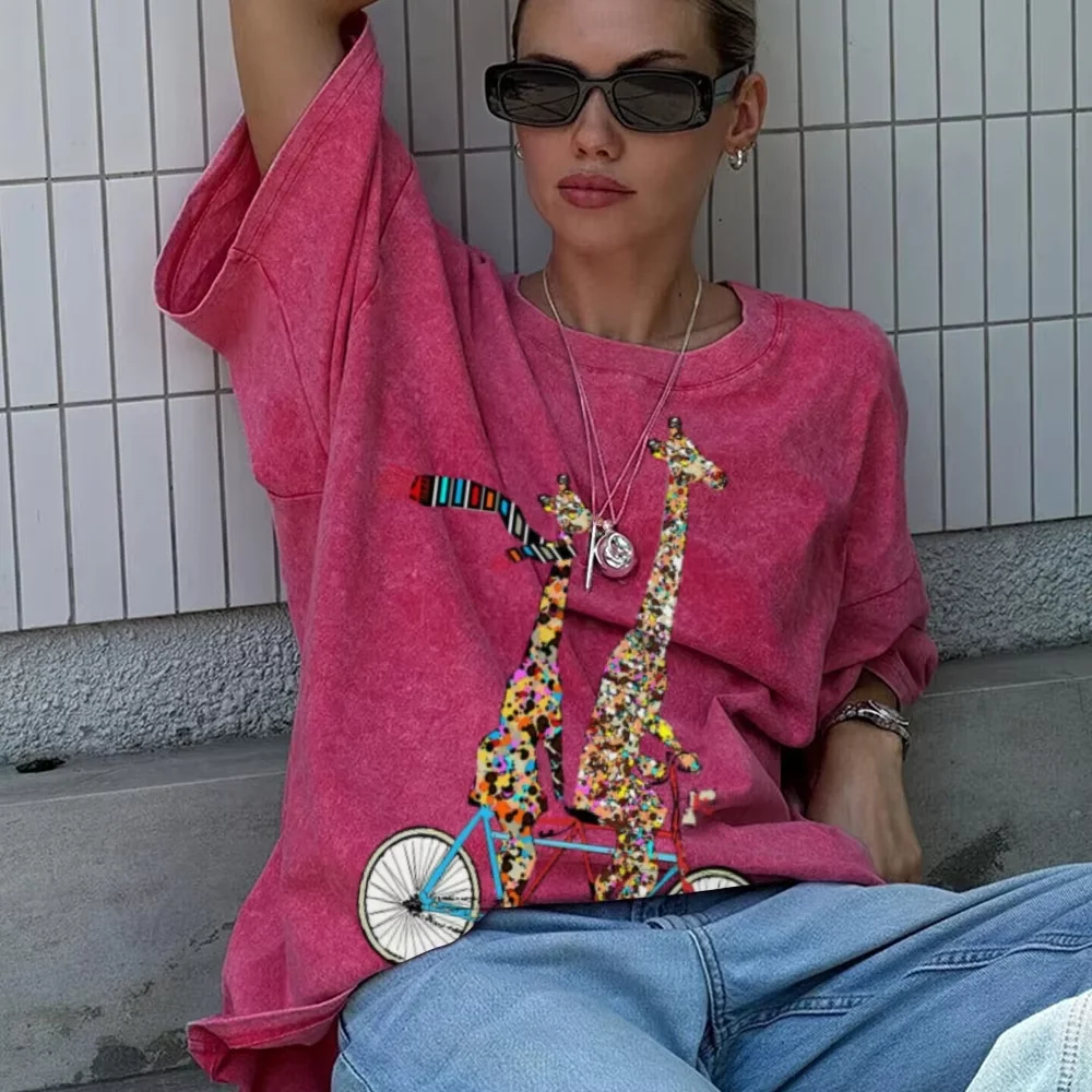 Vintage Washed T‑Shirt Abstract Color Two Giraffes Graphic Print Unisex Casual Loose Streetwear Cotton Short Sleeve Tees