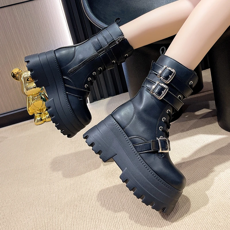 Chunky Heel Platform Women\'s Punk Boots 2024 Winter Pu Leather Black Boots Woman Metal Buckle Decor Gothic Shoes Botas De Mujer