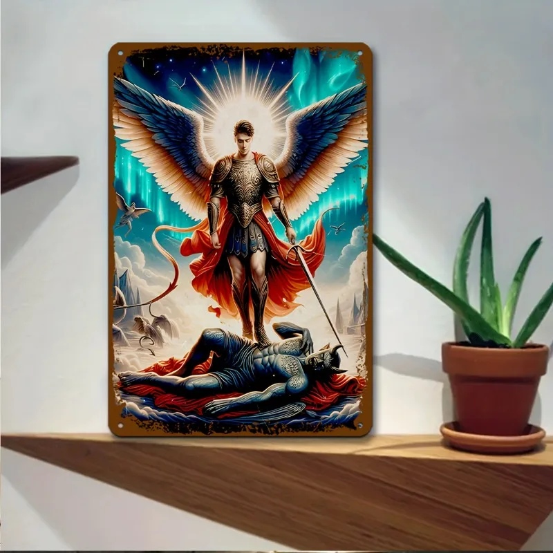 Archangel Saint Michael Vintage Metal Sign, Aluminum Religious Art Poster for Church, Multipurpose Wall Hanging Yard Sign