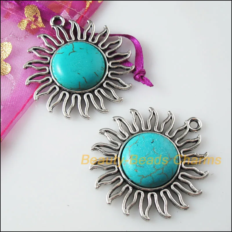 3Pc Retro Tibetan Silver Sun Flower Charms Pendants 42.5x46mm