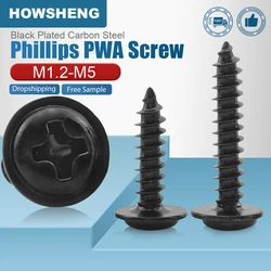 HOWSHENG Cross Round Head Self Tapping Screw with Washer PWA Screw M1.2 M1.4 M2 M5 Black Plated Pan Head Phillips Tapping Screws