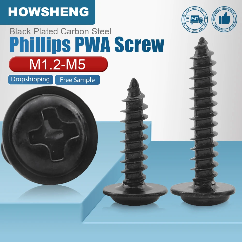 HOWSHENG Śruba samogwintująca z łbem okrągłym z podkładką Śruba PWA M1.2 M1.4 M2 M5 Śruby samogwintujące Phillips z czarną łbem walcowym