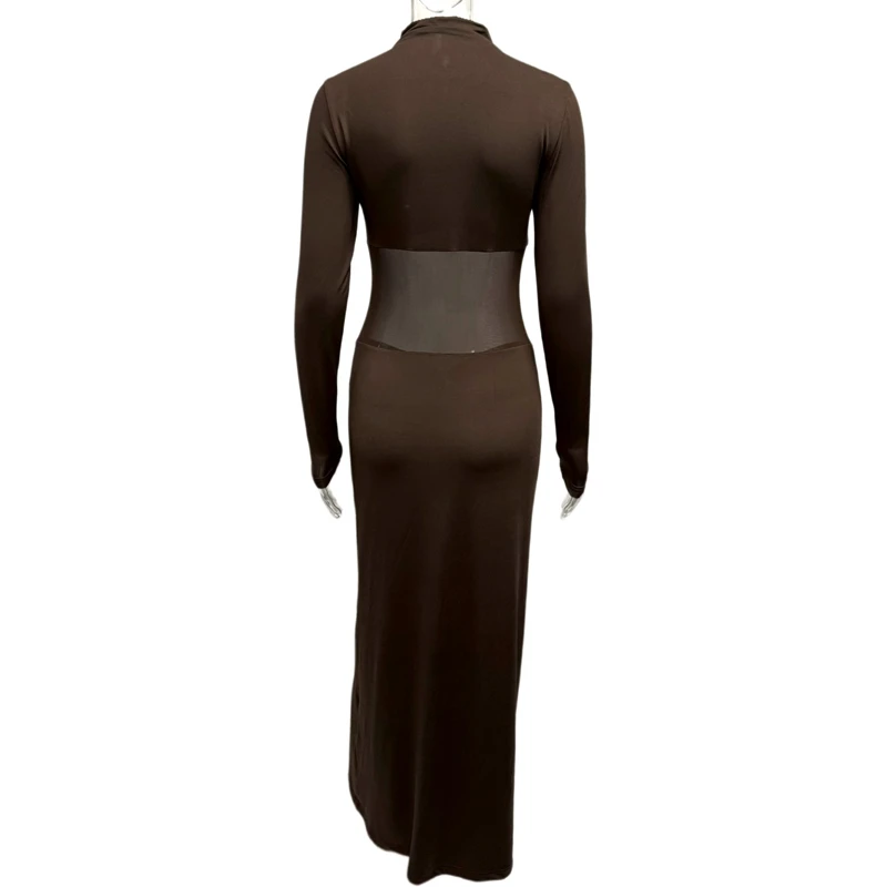 STIJLVOLLE DAME Mesh Patchwork Maxi Jurk 2023 Herfst Vrouwen Lange Mouw Coltrui Bodycon Sexy Club Party Gedrapeerde Jurken