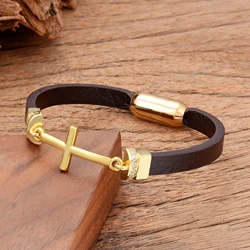 Gold Color Cross Stainless Steel Bracelet Classic Brown Leather Wristband Accessories Women's Hand Bracelets Jewellery Love