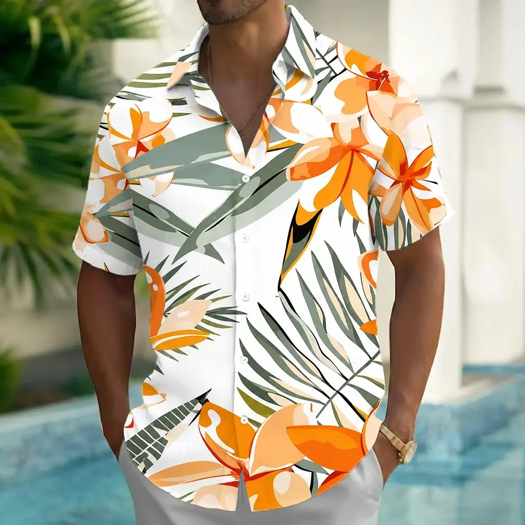 Sommerliches tropisches Plumeria-Palmblatt-Print Herren Kurzarm-Hemden mit Revers, mehrfarbig, locker sitzende Hawaii-Strand-Freizeithemden