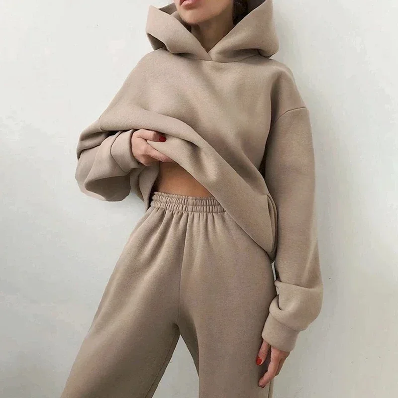 Women Solid  Tracksuit 2022 Winter Warm Fleece Long Sleeve Hoodie Jogger Pants Suit Casual Two Piece Sets Female Sportwear