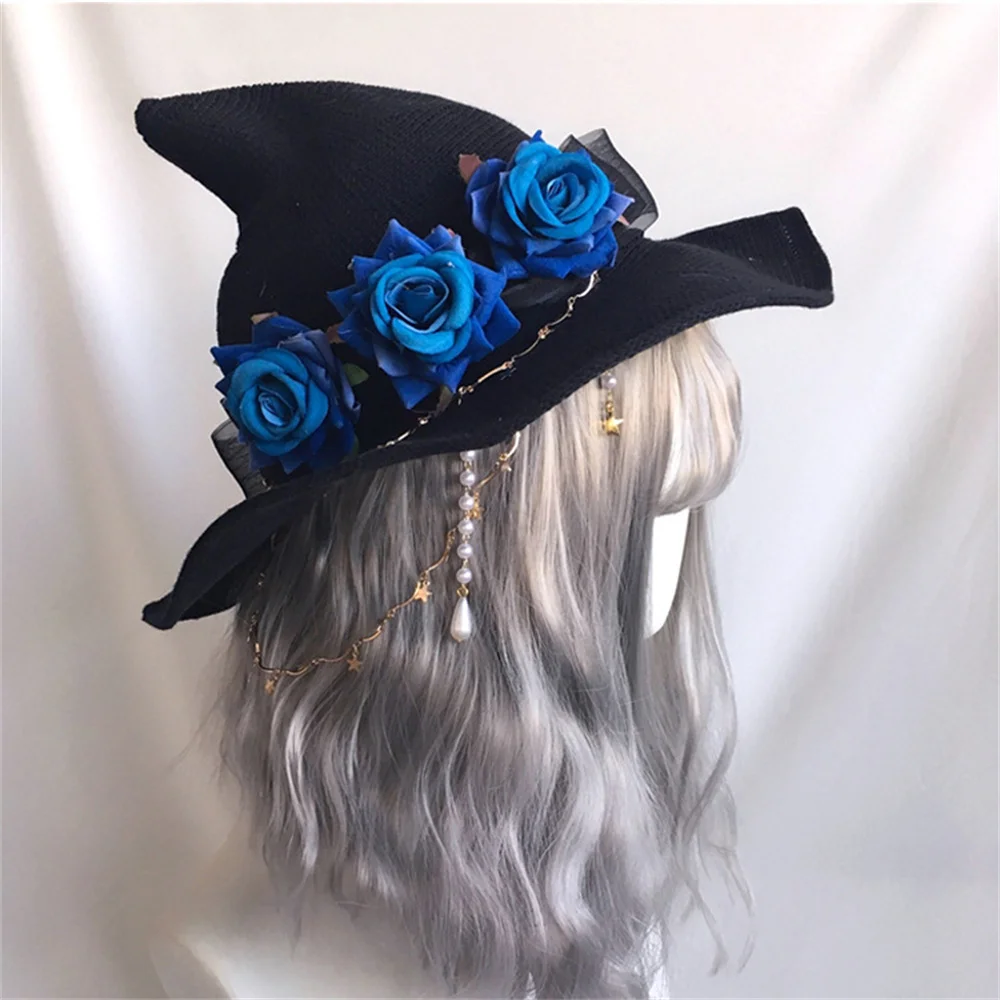 Halloween Witch Wizard Hat Creative Lolita Style Rose Big Bow Cap Retro Gothic Magical Girl Hat Cosplay Horror Props Accessories