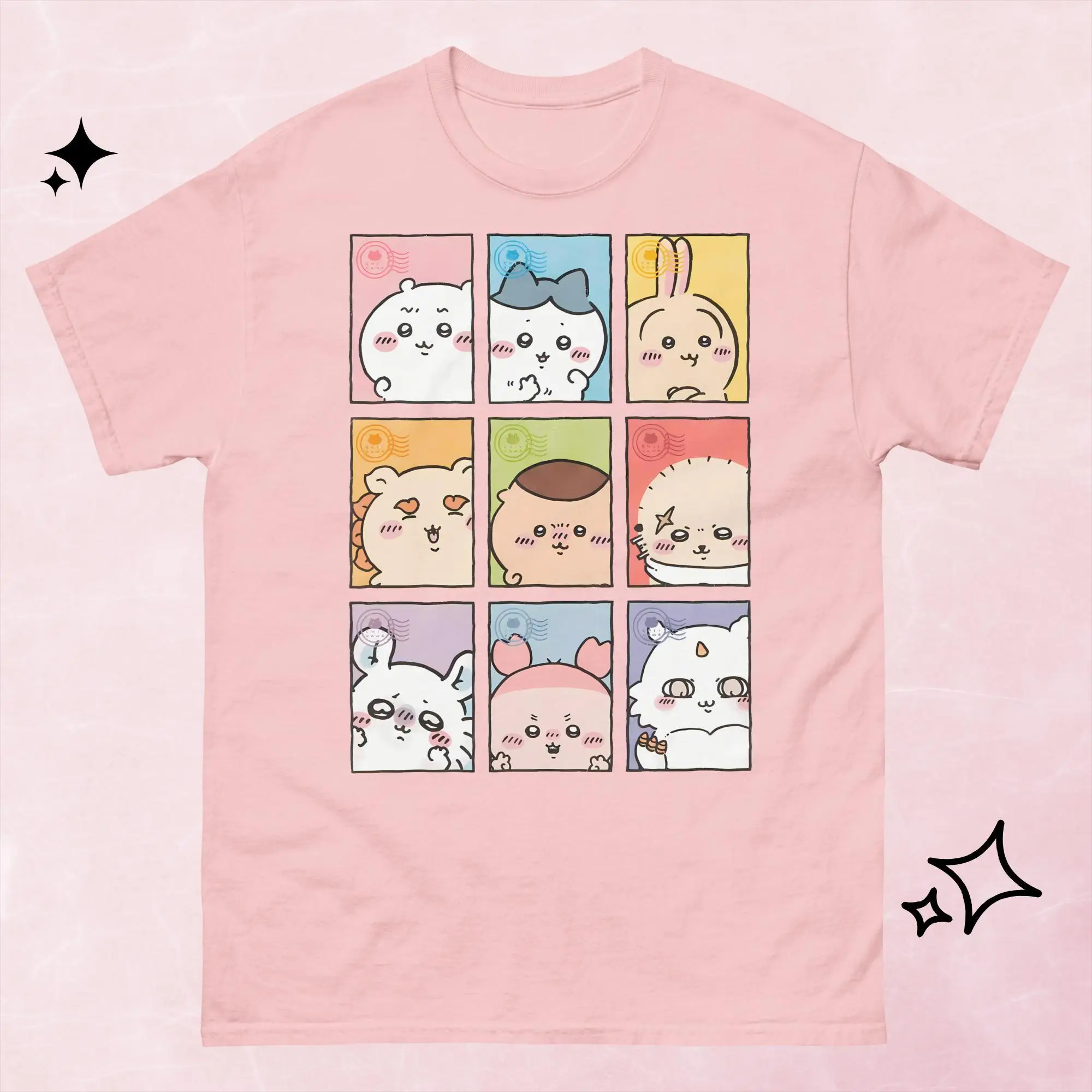 Japanese Anime Chiikawa 9 Characters Postage Stamp Panel Print T Shirt Harajuku Streetwear Short Sleeve Tops