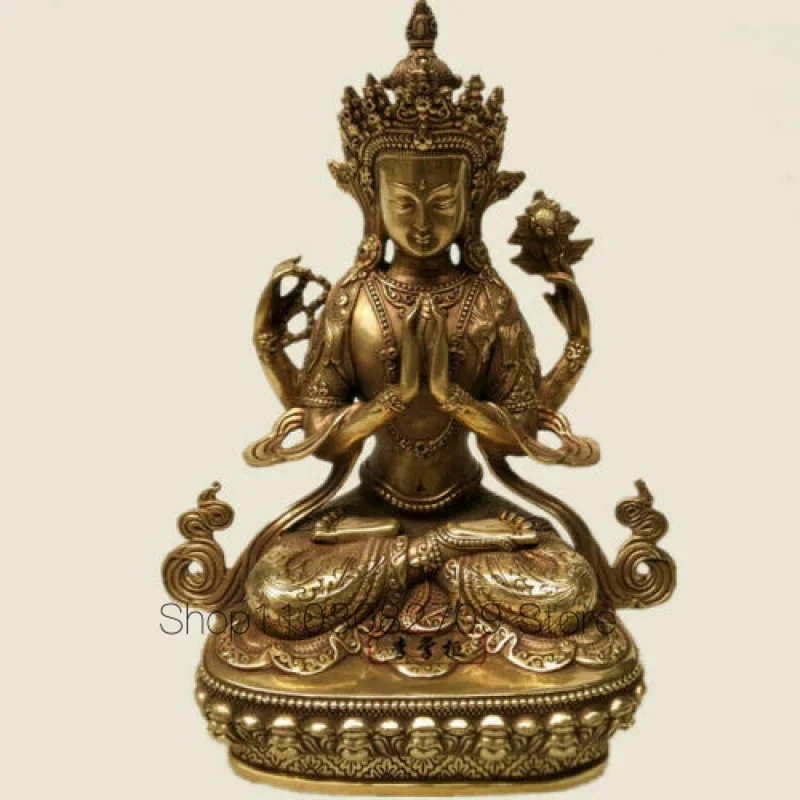 

8.5" Antique copper Chenrezig 4 arms armed Kwan-yin Bodhisattva Buddha statue