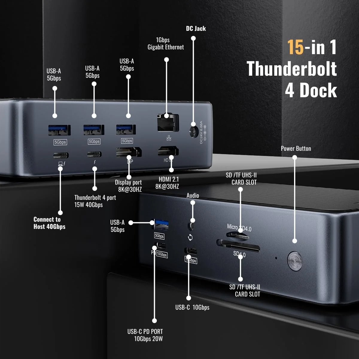 

15in1 Docking Station Type - C to HDTV Multi Functional Hub 4KHD Vertical Hub with RJ45 1000M USB3.0/2.0 PD 3.0 SD/TF Card Slots