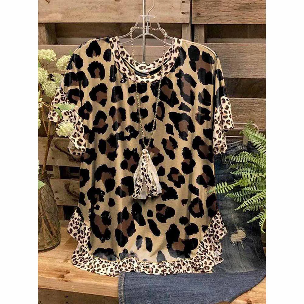 Women Tops 3D Sunflower Leopard Print Printed T-Shirts Ruffled O-Neck Short Sleeves Loose Casual T-Shirts Summer Streetwear