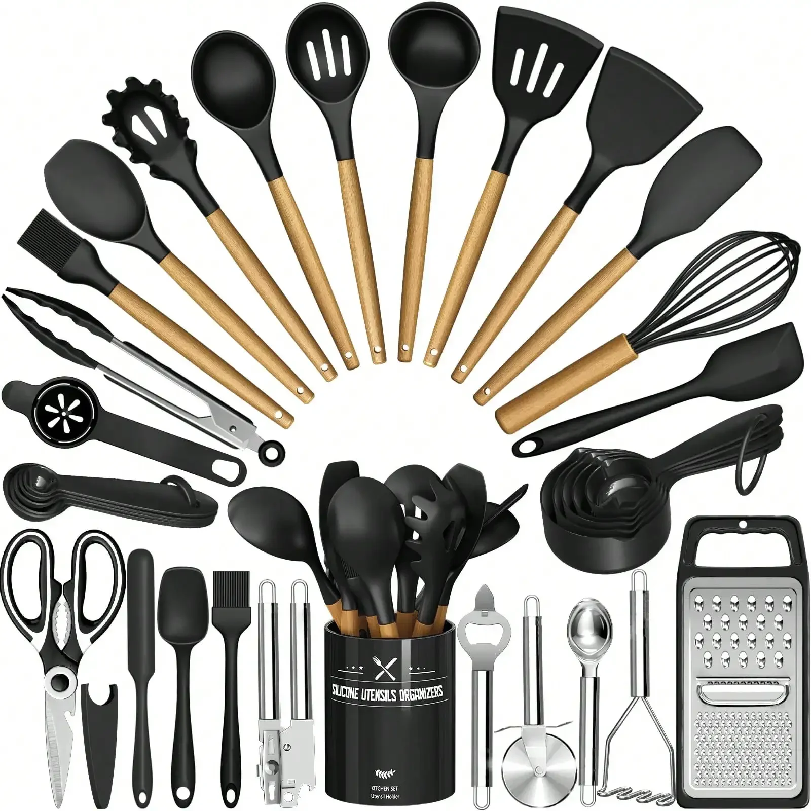 

Kitchen Utensils Set- 34PCS Silicone Cooking Utensils With Holder, Heat Resistant Kitchen Utensil Spatula Set For Nonstick Cookware, Black Wooden Handles Kitchen Gadgets Tools Set - Perfect For Thanksgiving, Christmas, New Year's, And Mother's Day