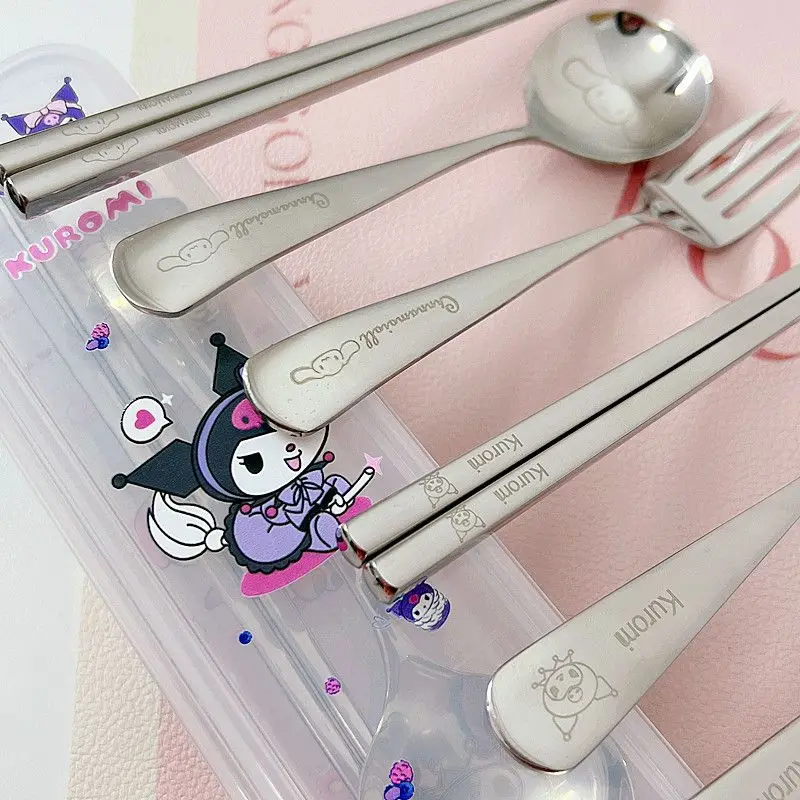 Kawaii Sanrio Tableware Suit Kuromi Cinnamoroll Cartoon Student Have A Meal Spoon Chopsticks Stainless Steel Toys For Girls