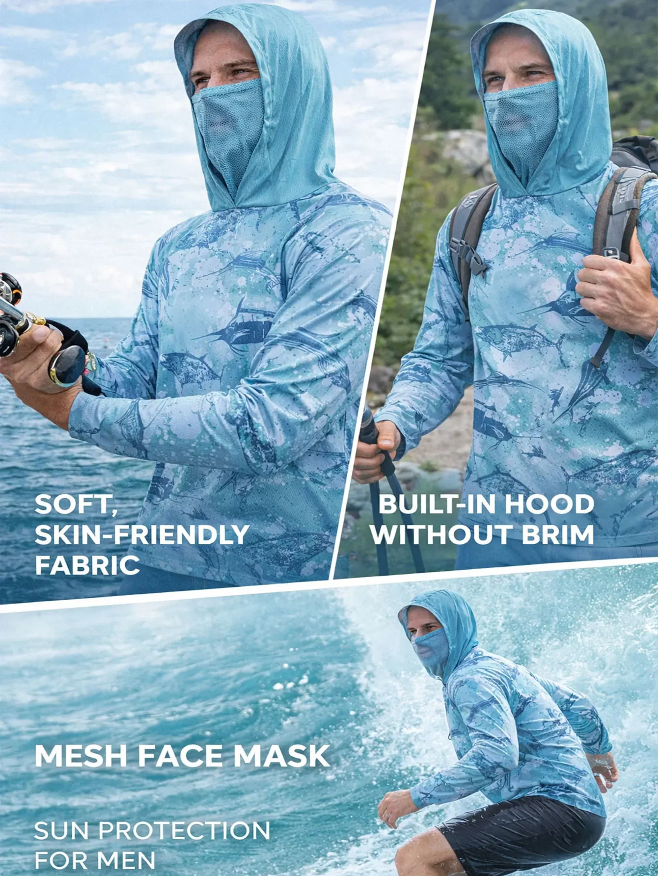 Men’s Hooded Fishing Shirt Lightweight Quick Dry Sun Protection UV Blocking Performance Apparel with 3D Bass Fish Print Design