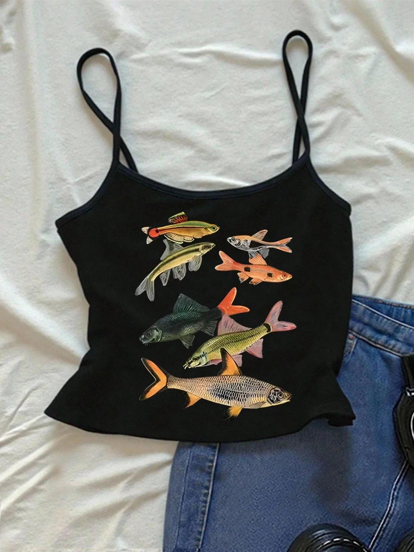 Retro Fish Print Cropped Camisole Top For Women