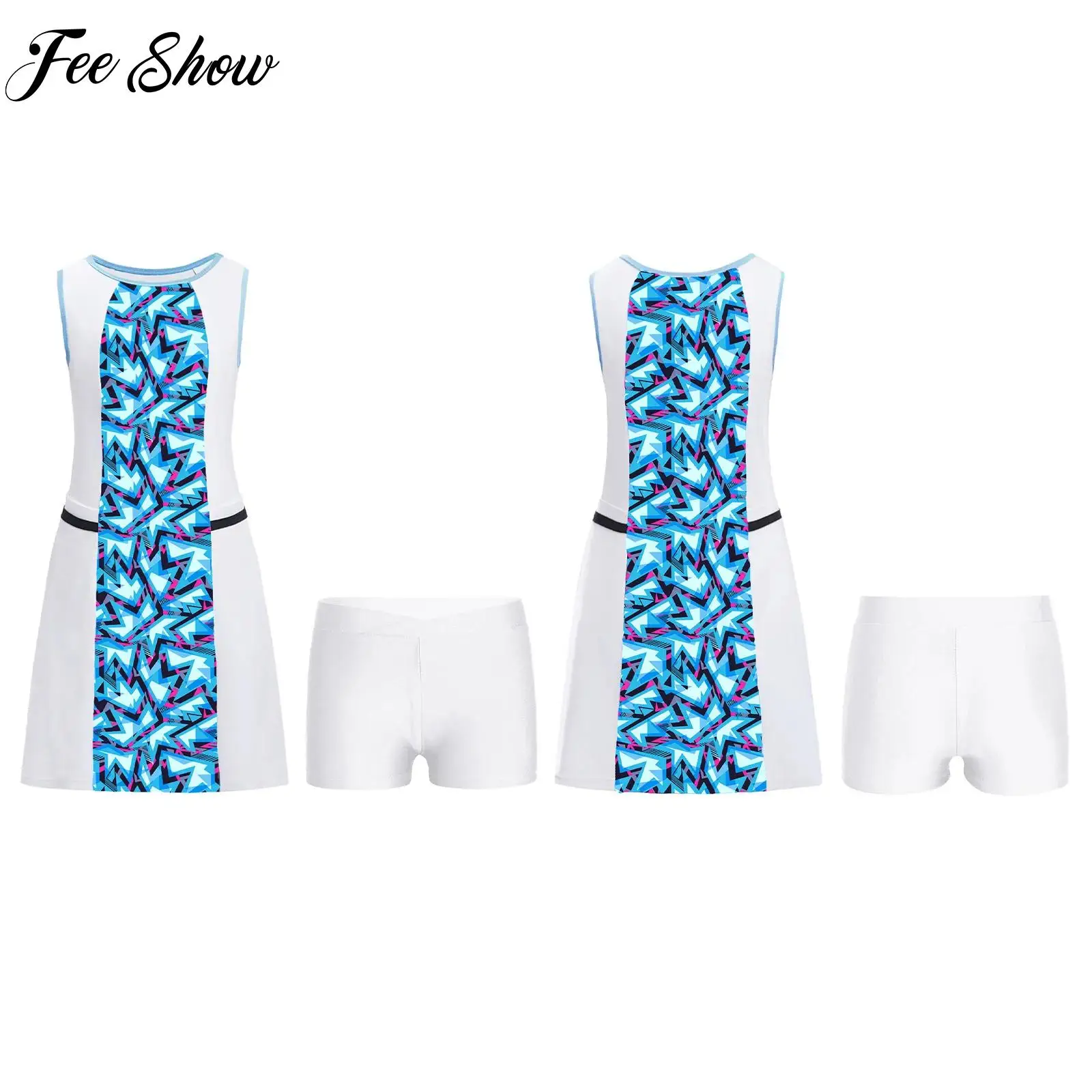 

2 Pcs Kids Girls Fashion Breathable Sports Outfits Tennis Sports Sleeveless Tank Dress Sundress+Shorts Sets for Training Workout