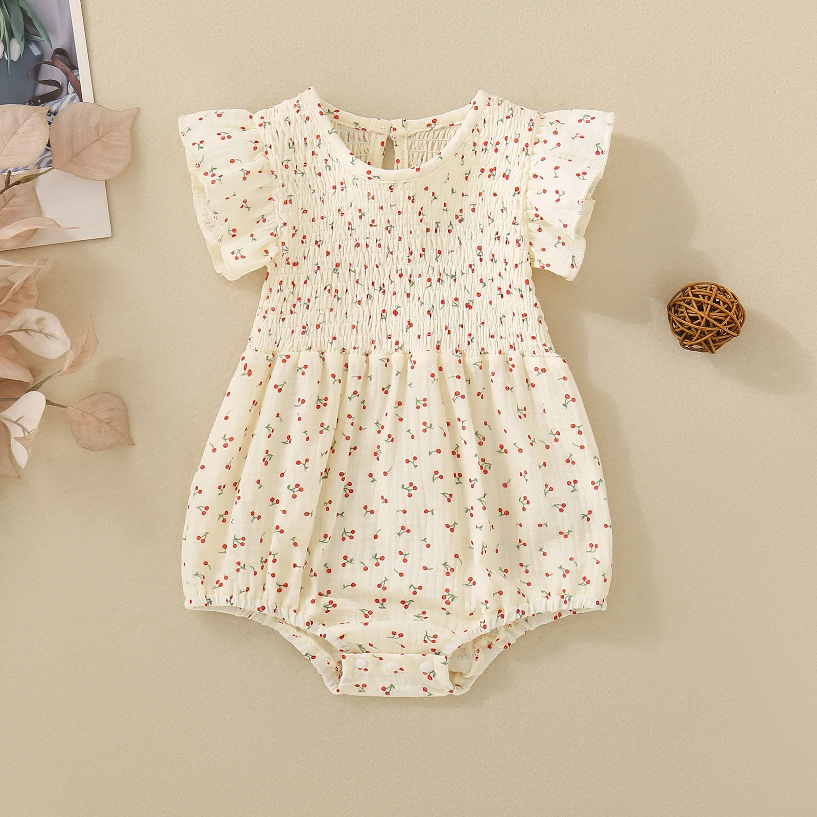 Summer Girl Baby Cherry Print White Short Sleeve Triangle Romper and Headscarf Two-piece Set