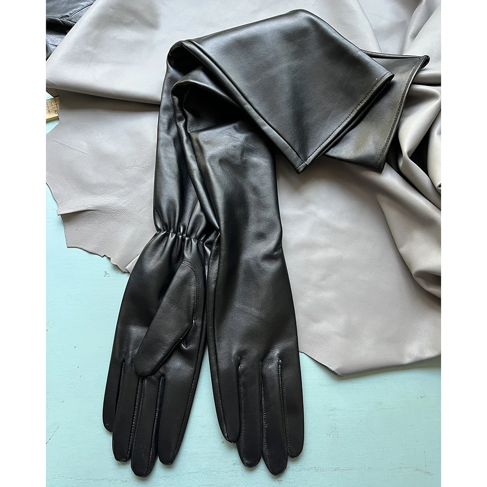 Unlined Long Sheepskin Glove Black Touchscreen Wrist Elastic Band Men's Genuine Leather Gloves Ladies' Long Gloves Women's Glove