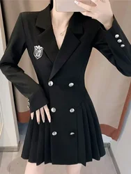 Office Solid Color Preppy Style Chic Button Casual Female Dresses Autumn New Black Double Breasted Loose Fashion Women's Dress