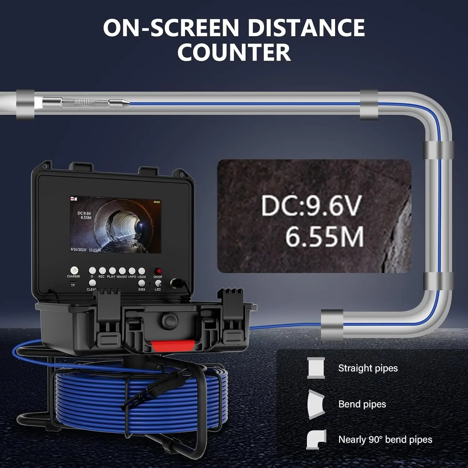 

7" IPS Auto Self-Leveling 23MM Sewer Camera with 16GB DVR 512Hz Transmitter & Receiver 4500mAH Battery 20M/30M 5mm Cable