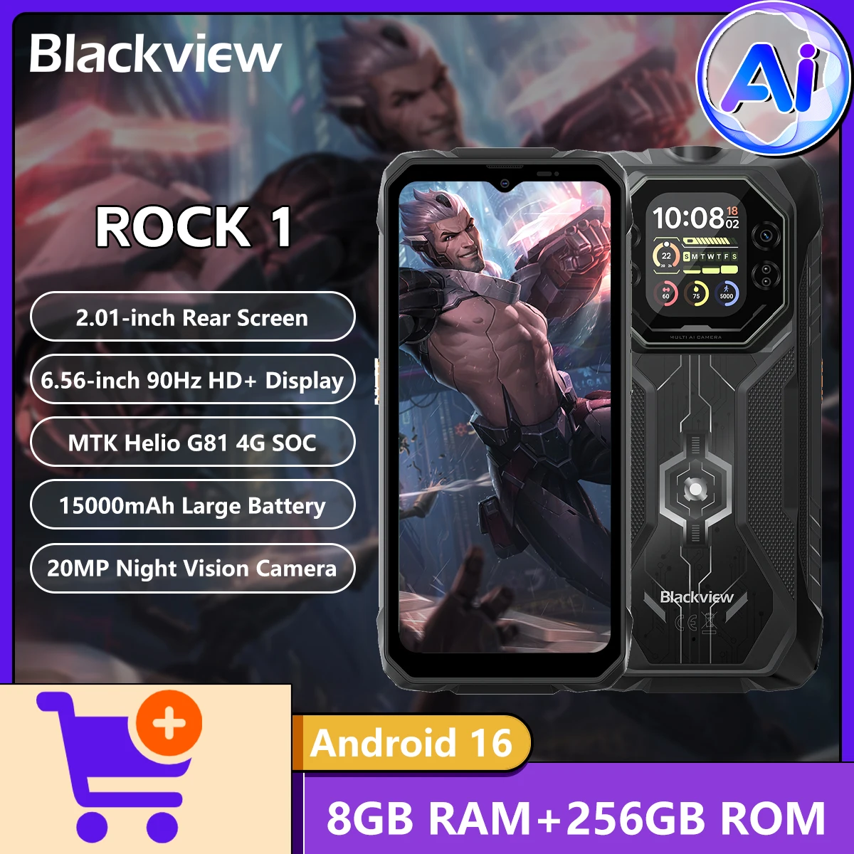 �y�Z�[�����zBlackview ROCK 1 AI�^�t�l�X�X�}�z 2.01�C���`�w�ʃf�B�X�v���C 8GB+256GB 15000mAh�o�b�e���[ 33W�}���[�d Helio G81 4G Android 16