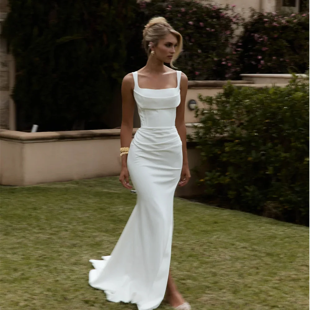 

Simple Two Straps Pleat Fitted Silhouette Satin Wedding Dresses Custom Made Brial Grown 2026 Vestido De Noival