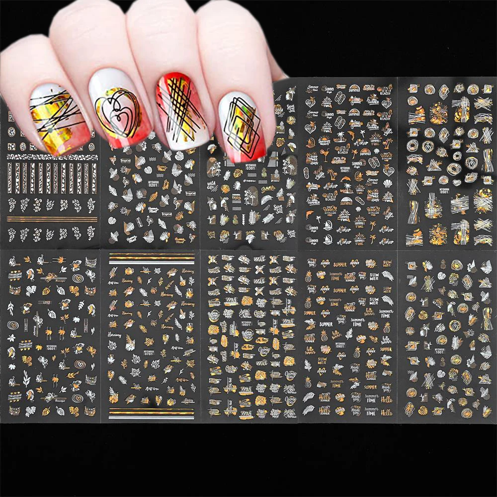 10pcs 3D Bronzing Maple Leaf Nail Sticker 12*8cm Holiday Style Nail Art Decals Leaf/Beach/Coconut Tree Pattern Manicure Slider