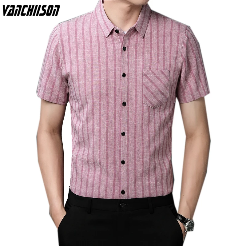 

Men Linen Short Sleeve Shirt Tops for Summer Stripes Retro Vintage Office Male Fashion Clothing Dad Father Gift 00916