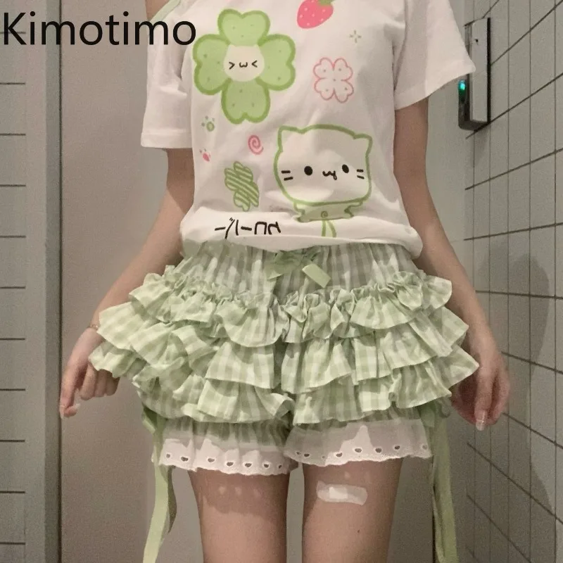 Kimotimo-pantalones cortos con lazo a cuadros verdes para mujer, pantalones cortos ajustados con cintura elástica, ropa estética Y2k versátil Kawaii japonesa