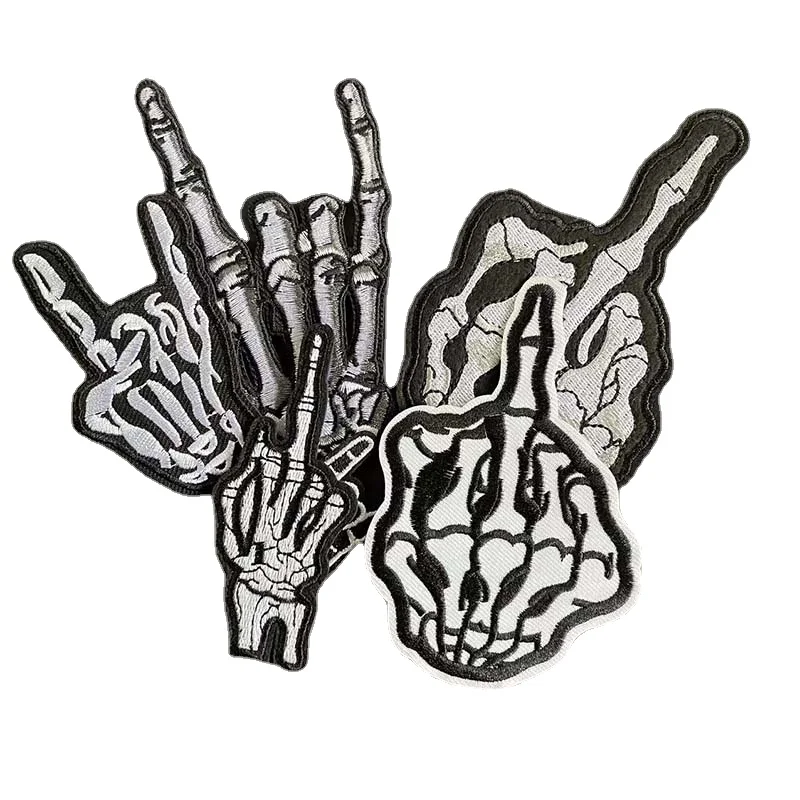 6 Stück/schwarze Stoff-Applikationen, Punk-Patches, thermoklebende Totenkopf-Geisterfinger-Stickereien, Aufbügel-Sticker für Kleidung, Jacken