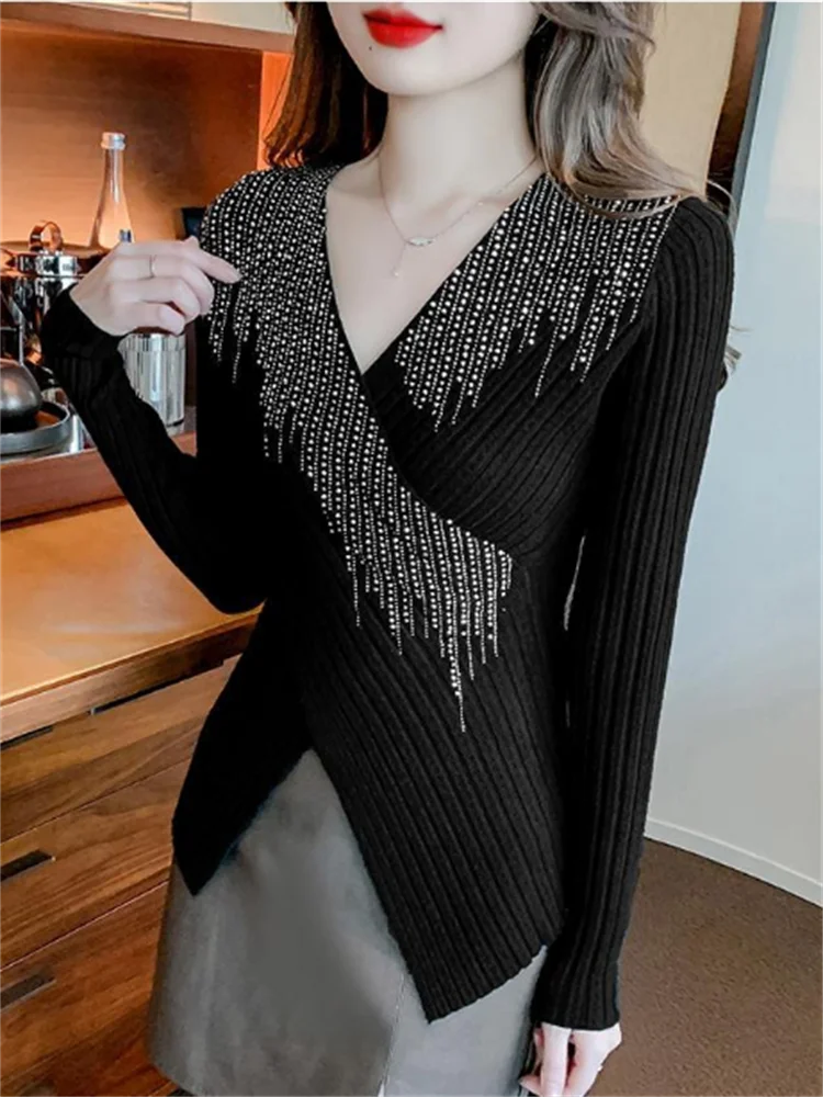 

Irregular Sweater Women Kintwear Hot Diamond Woman Sweaters Split -Knitted Bottom Top OL V-neck Pullover Slim Femme Sweaters