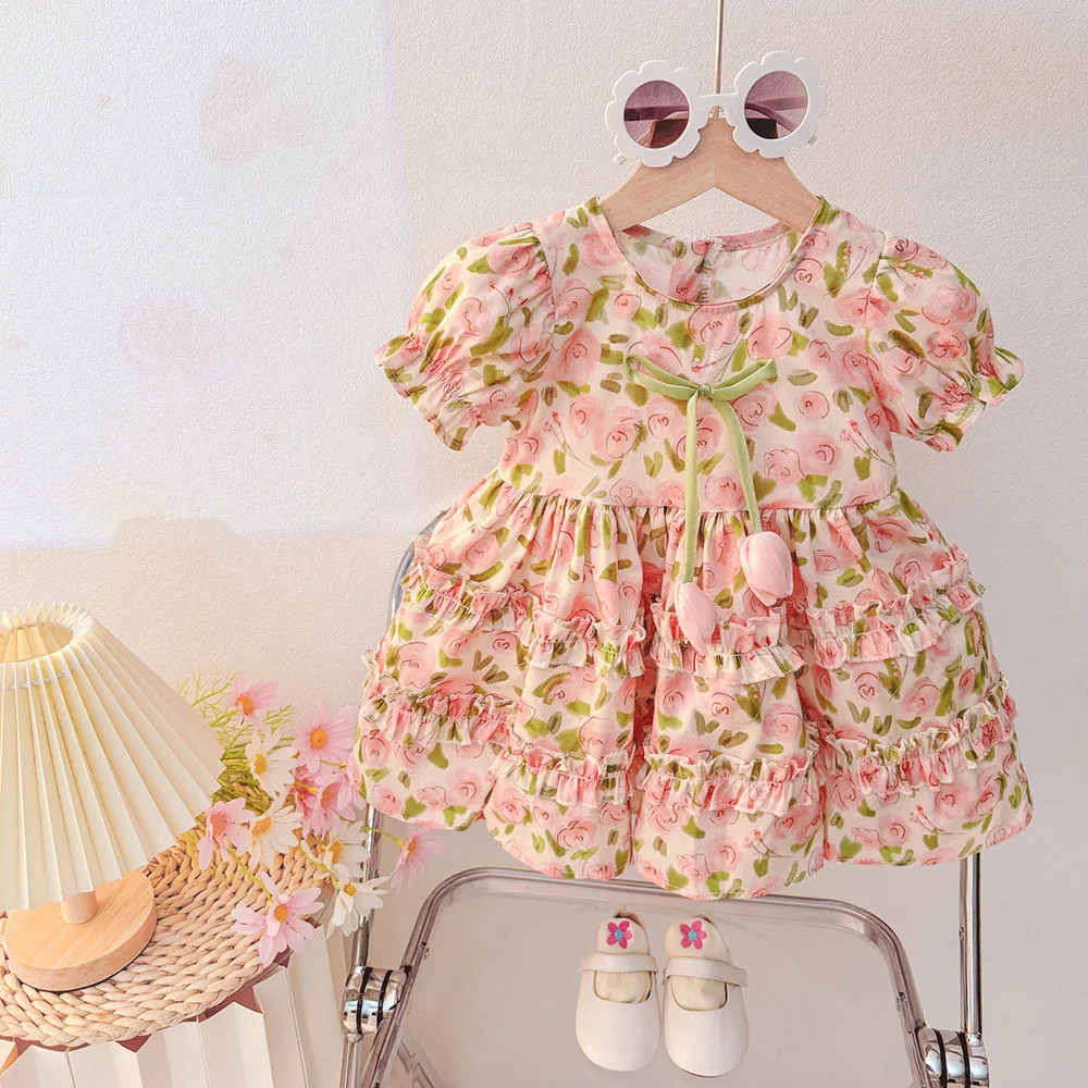 Sweet and Cute Baby Girl Flower Printed Bubble Sleeve Lace Dress for Girls 1-3 Years Old Korean Version Summer