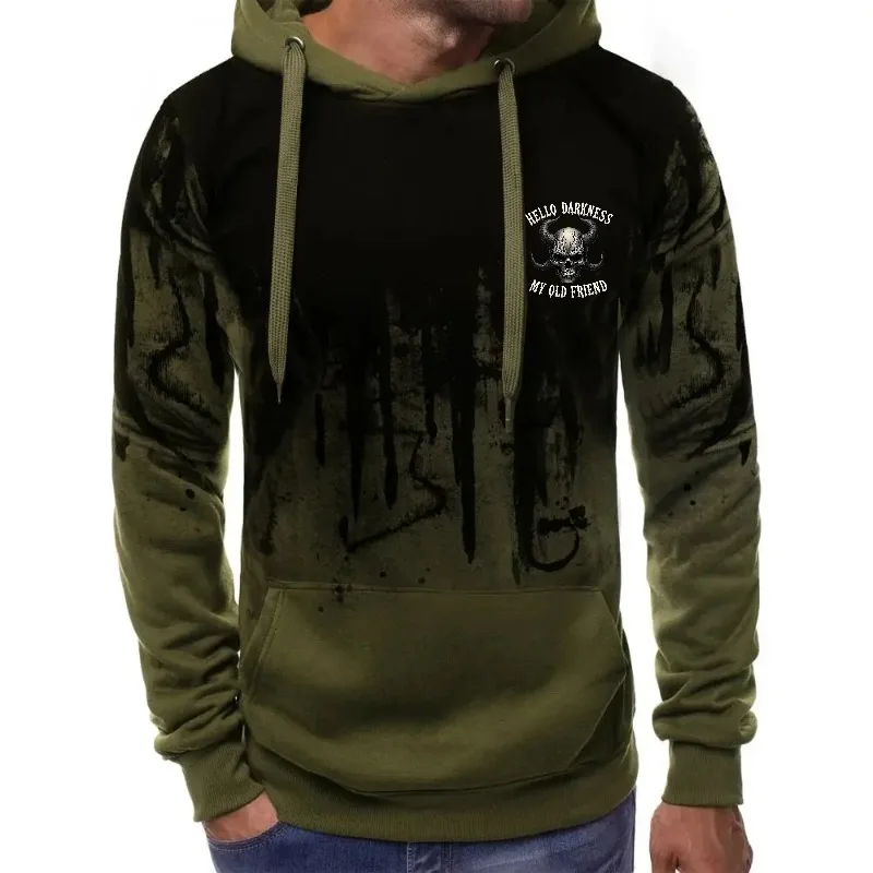 Sudadera con capucha para hombre con estampado de calavera verde oliva Hello Darkness My Old Friend Sudadera gráfica para ropa de calle informal y actividades al aire libre