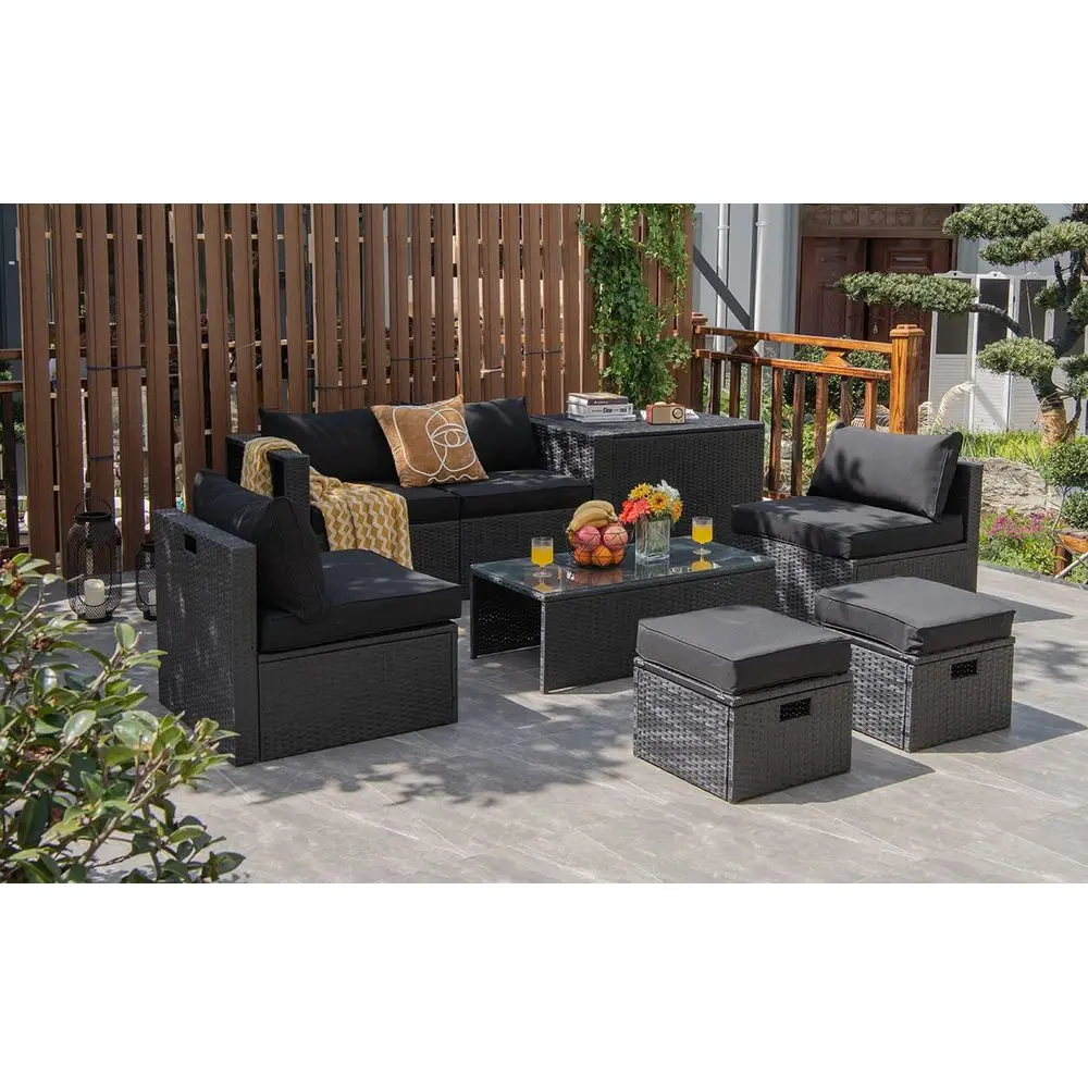 

8 Pieces Patio Furniture Set with Waterproof Cover, Patiojoy Space Saving Outdoor PE Rattan Set with Storage Box, Tempered Glas