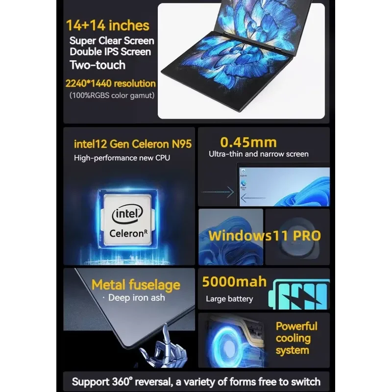 Custom Logo Dual 14 inch Touchscreen N95 11th Gen DDR4 Double Touch Screen Business laptops 2 Display YOGA Computer PC